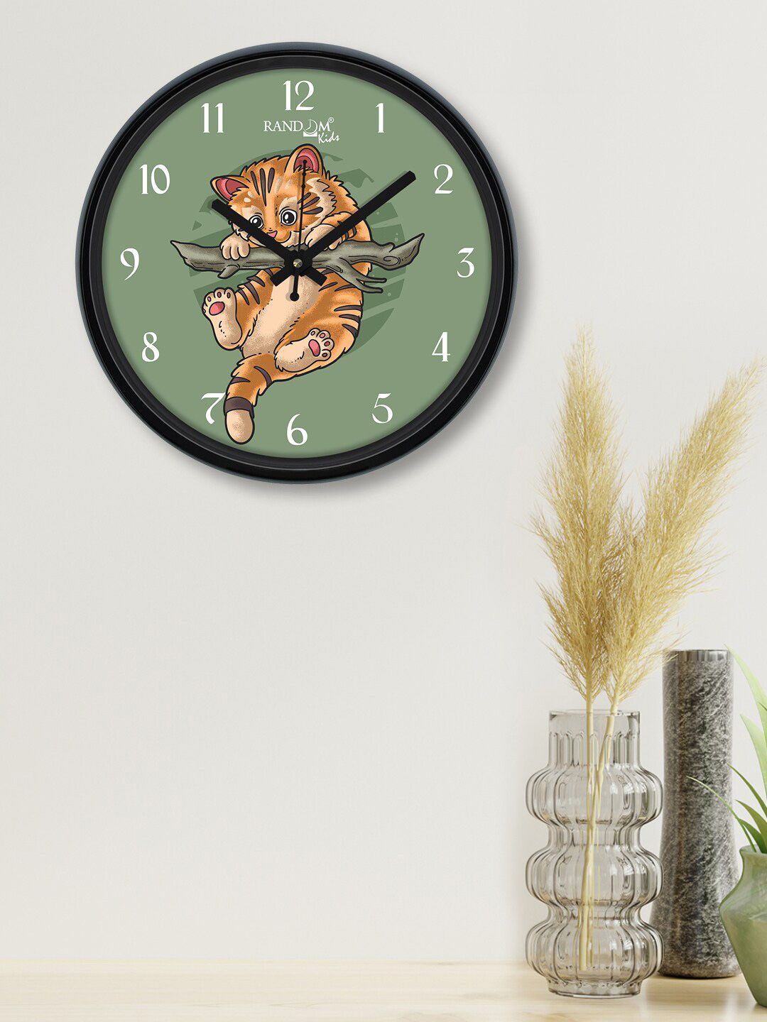 RANDOM Black & Green Playing Cat Printed Contemporary Analogue Wall Clock Price in India