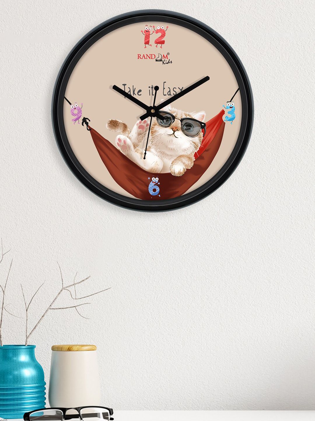 RANDOM Brown & Pink Cool Cat Printed Contemporary Round Analogue Wall Clock Price in India