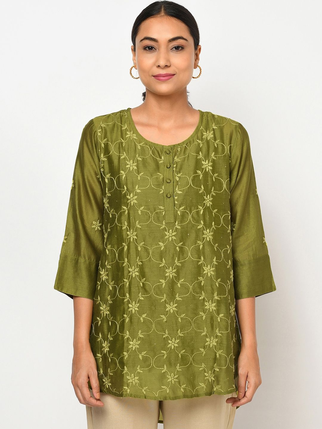 Fabindia Women Green Embroidered Flared Sleeves Kurta Price in India
