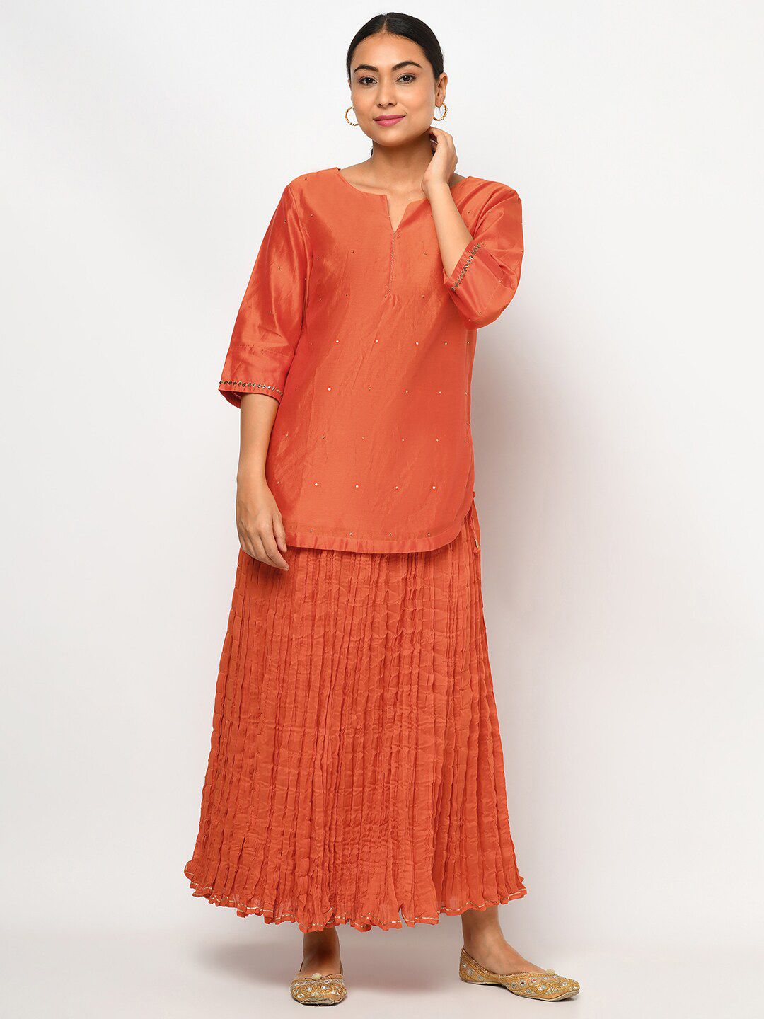 Fabindia Women Orange & Gold-Toned Embellished Tunic with Skirt Price in India