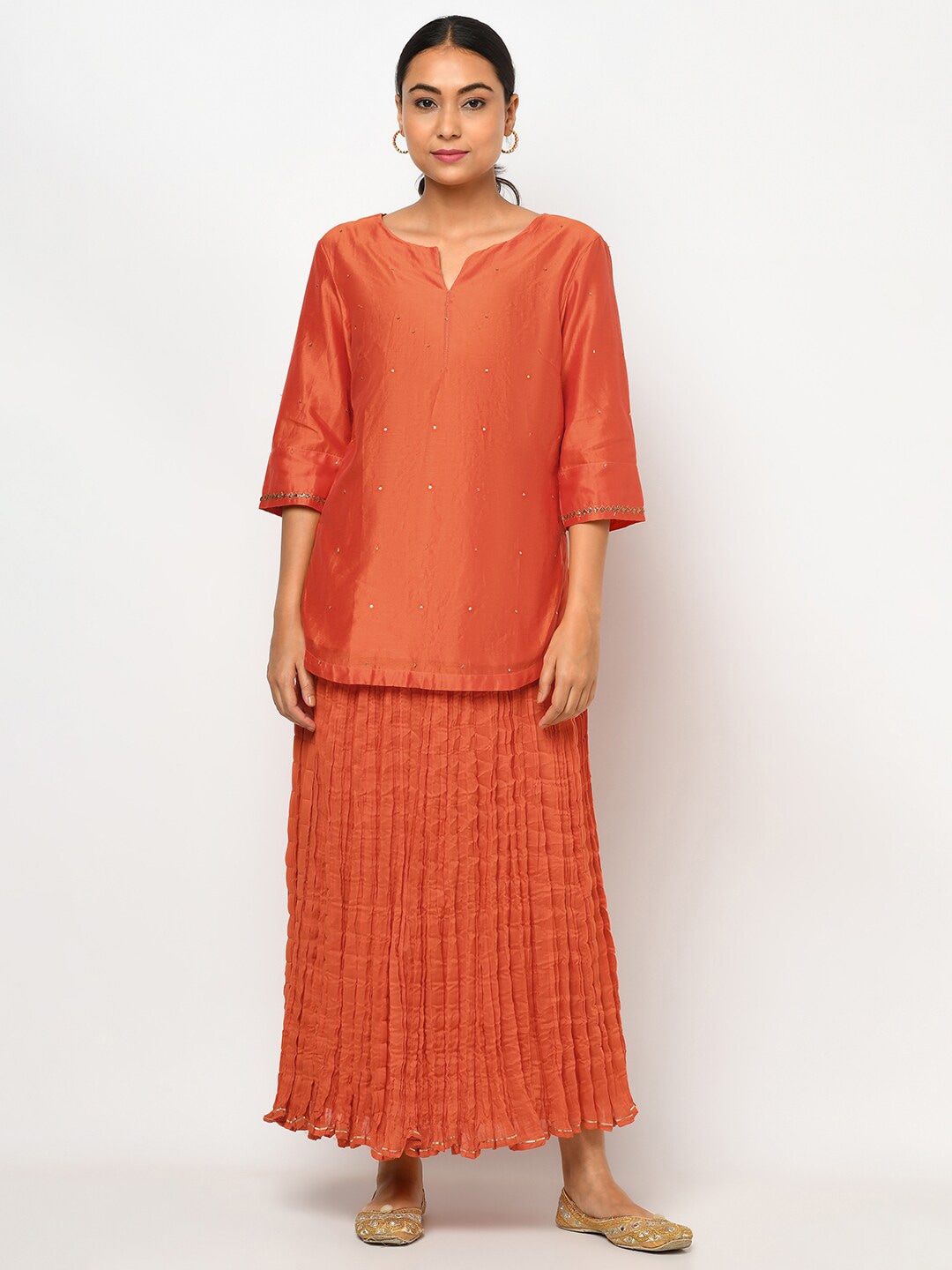 Fabindia Women Orange Printed Top with Skirt Price in India