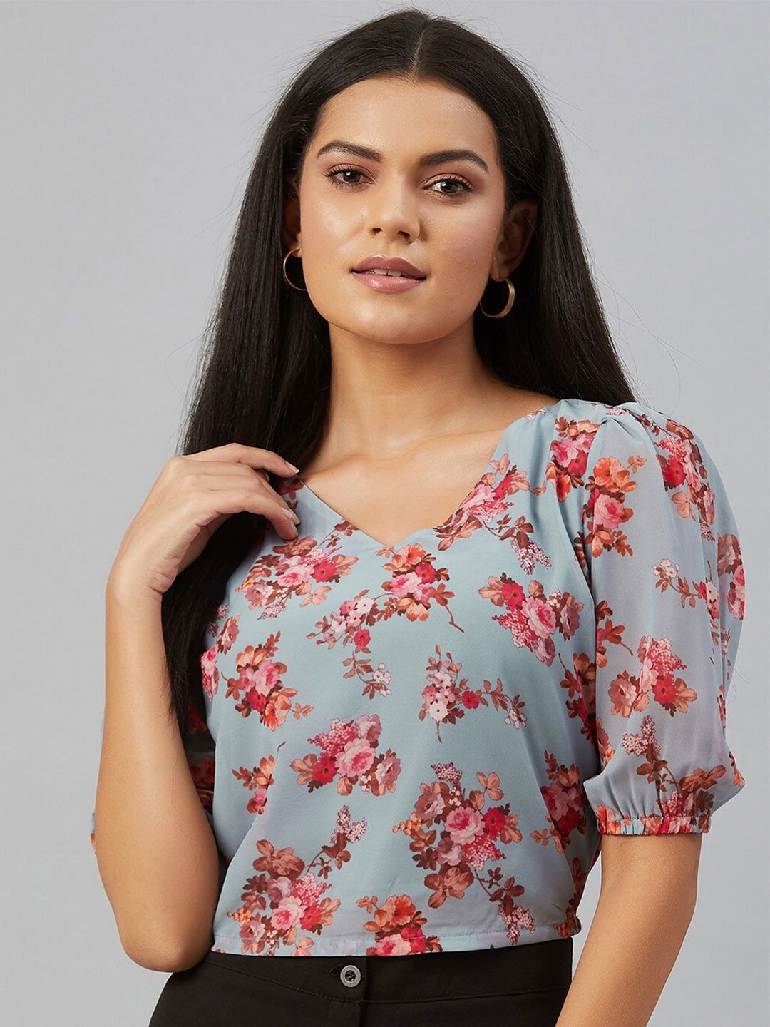 Orchid Blues Grey & Pink Floral Printed Blouson Crop Top