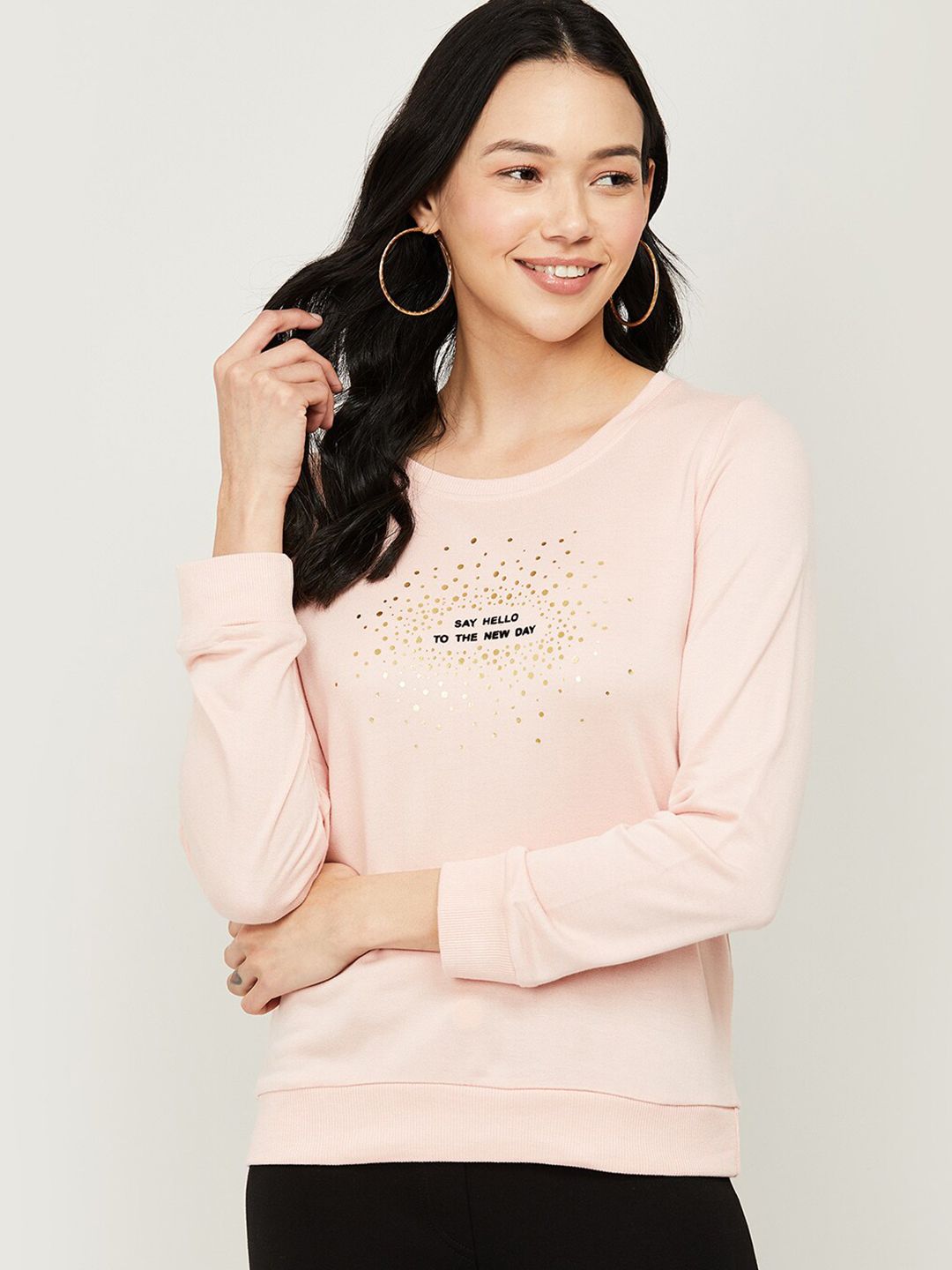 Fame Forever by Lifestyle Women Pink & Gold-Toned Printed Cotton Sweatshirt Price in India