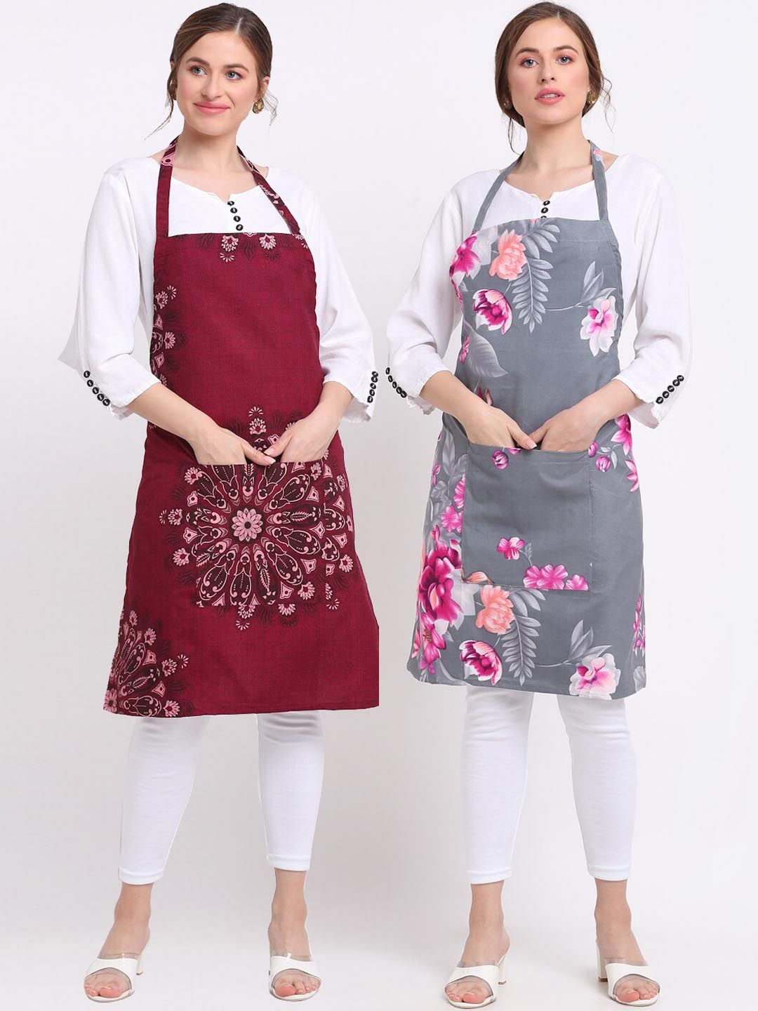 TAG 7 Pack Of 2 Grey & Maroon Printed Aprons & Napkin Price in India