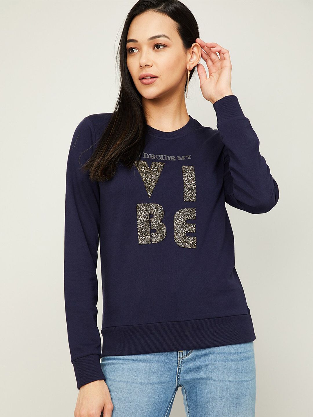 Ginger by Lifestyle Women Navy Blue & Gold-Toned Embellished Cotton Sweatshirt Price in India