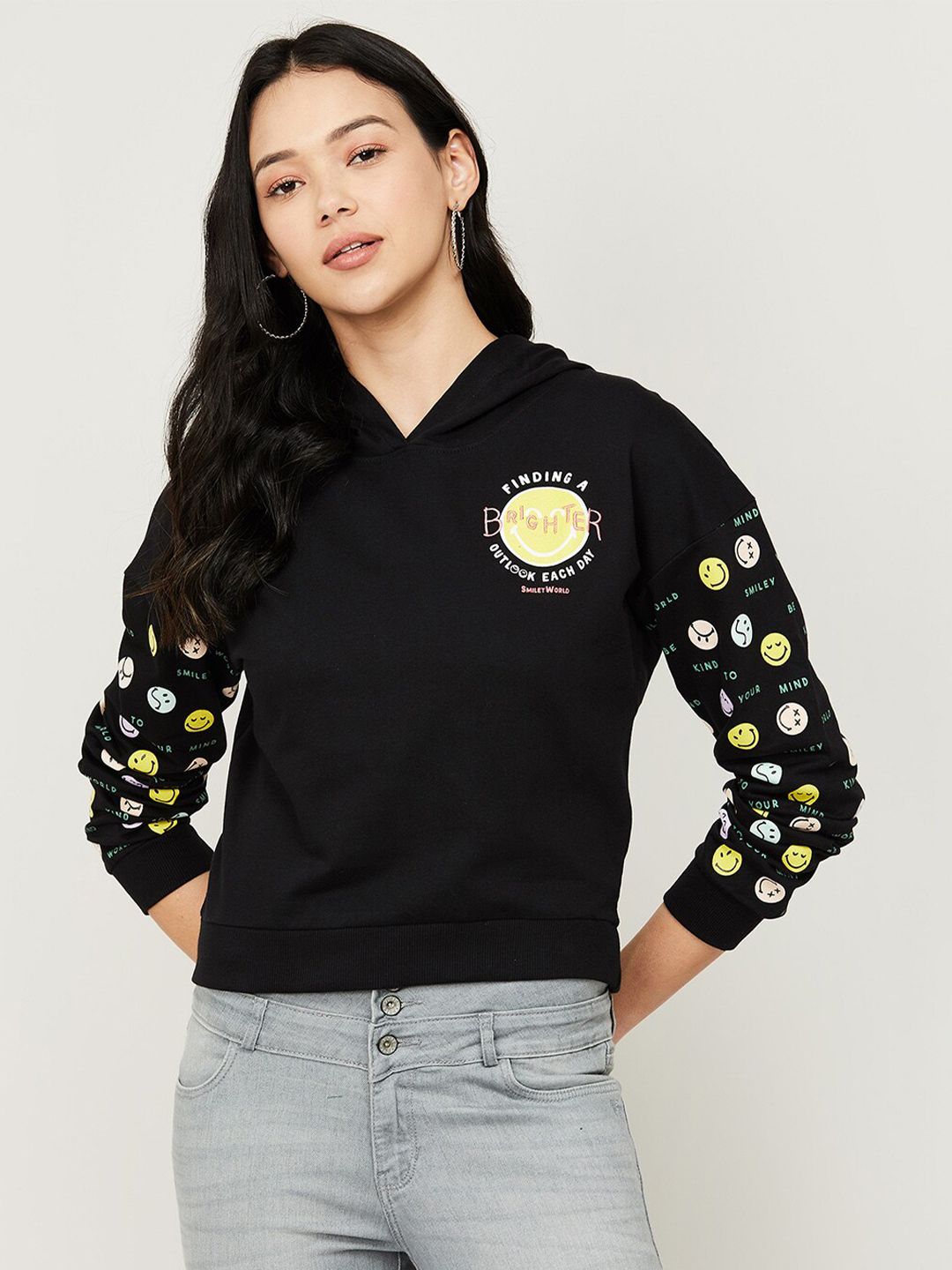 SmileyWorld Women Black Printed Hooded Sweatshirt Price in India