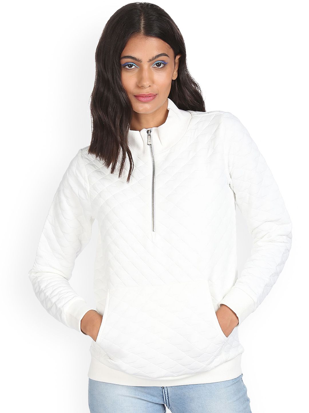 Sugr Women White High Neck Patterned Sweatshirt Price in India