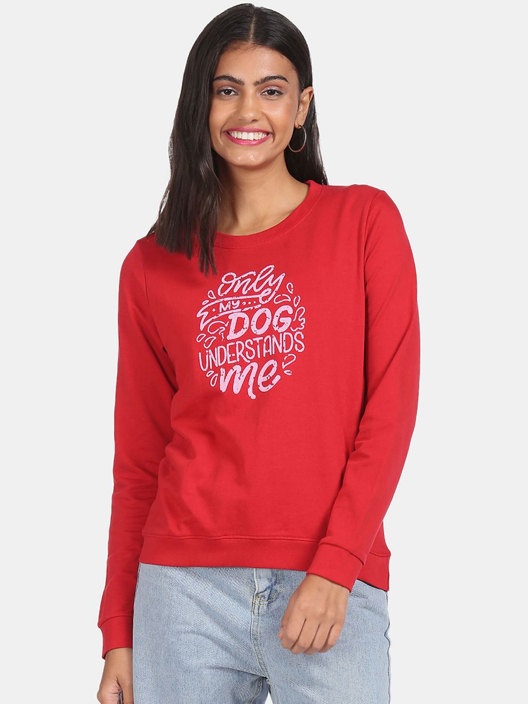 Sugr Women Red Crew Neck Casual Sweat Shirt Price in India