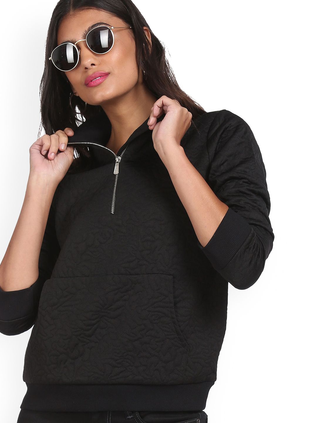 Sugr Women Black High Neck Textured Sweatshirt Price in India