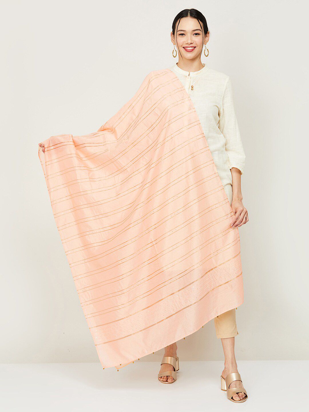Melange by Lifestyle Peach-Coloured & Gold-Toned Striped Dupatta Price in India