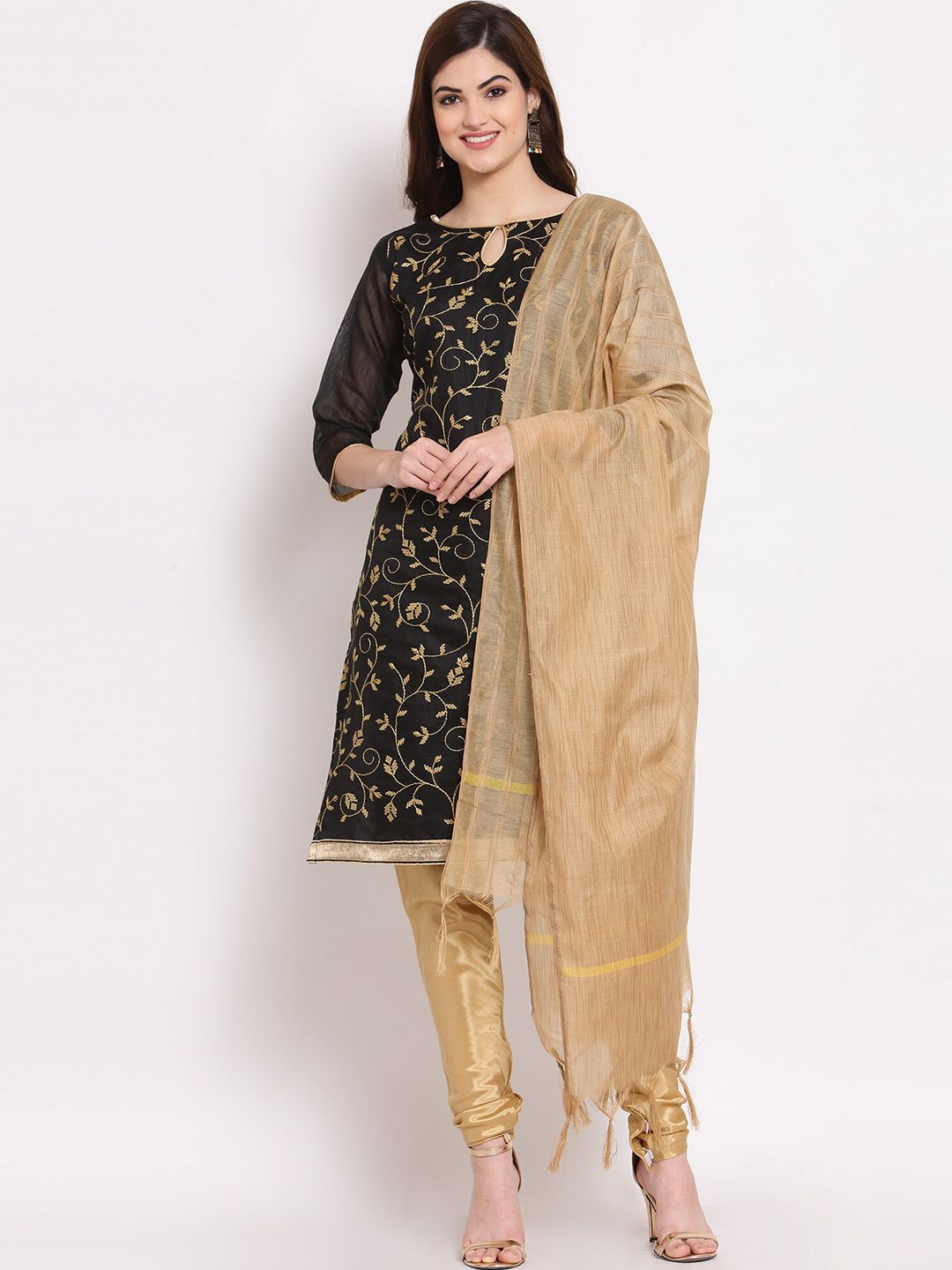 SERONA FABRICS Black & Gold-Toned Embroidered Unstitched Dress Material Price in India