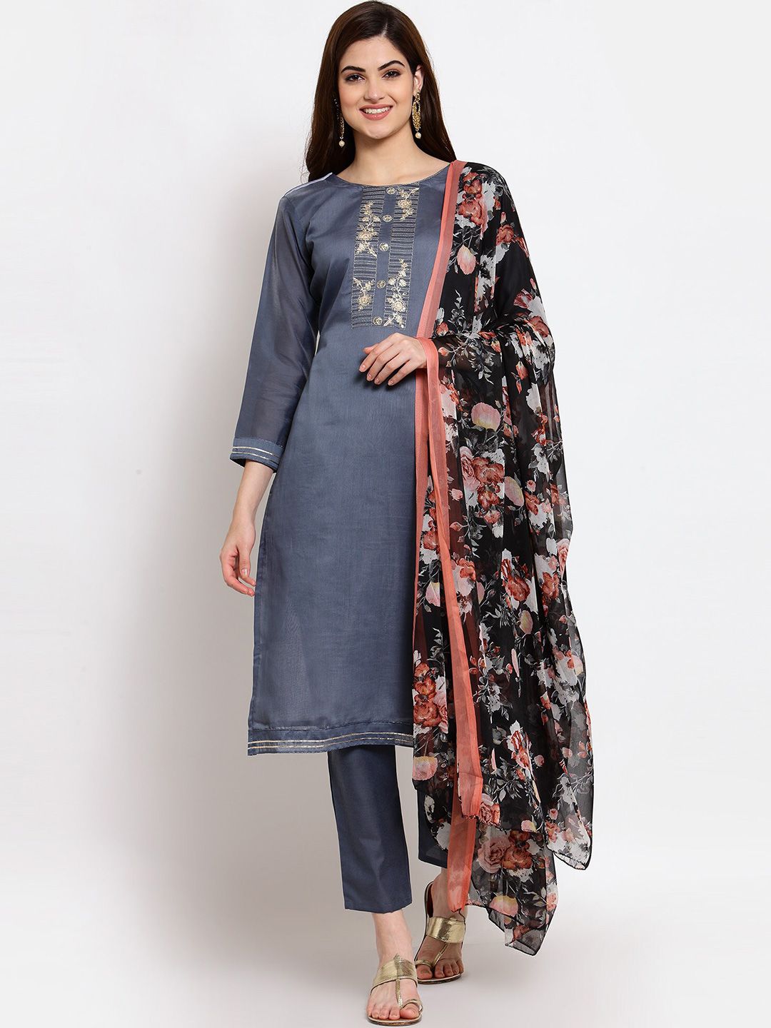 SERONA FABRICS Grey & Peach-Coloured Embroidered Unstitched Dress Material Price in India