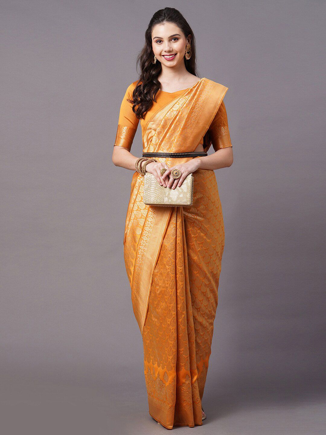 Mitera Mustard & Gold-Toned Woven Design Zari Silk Blend Banarasi Saree Price in India