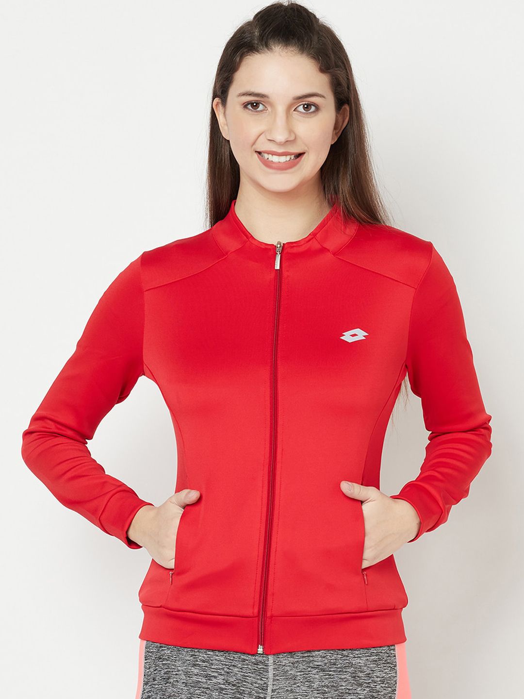 Lotto Women Red & Grey Brand Logo Printed Sports Jacket Price in India