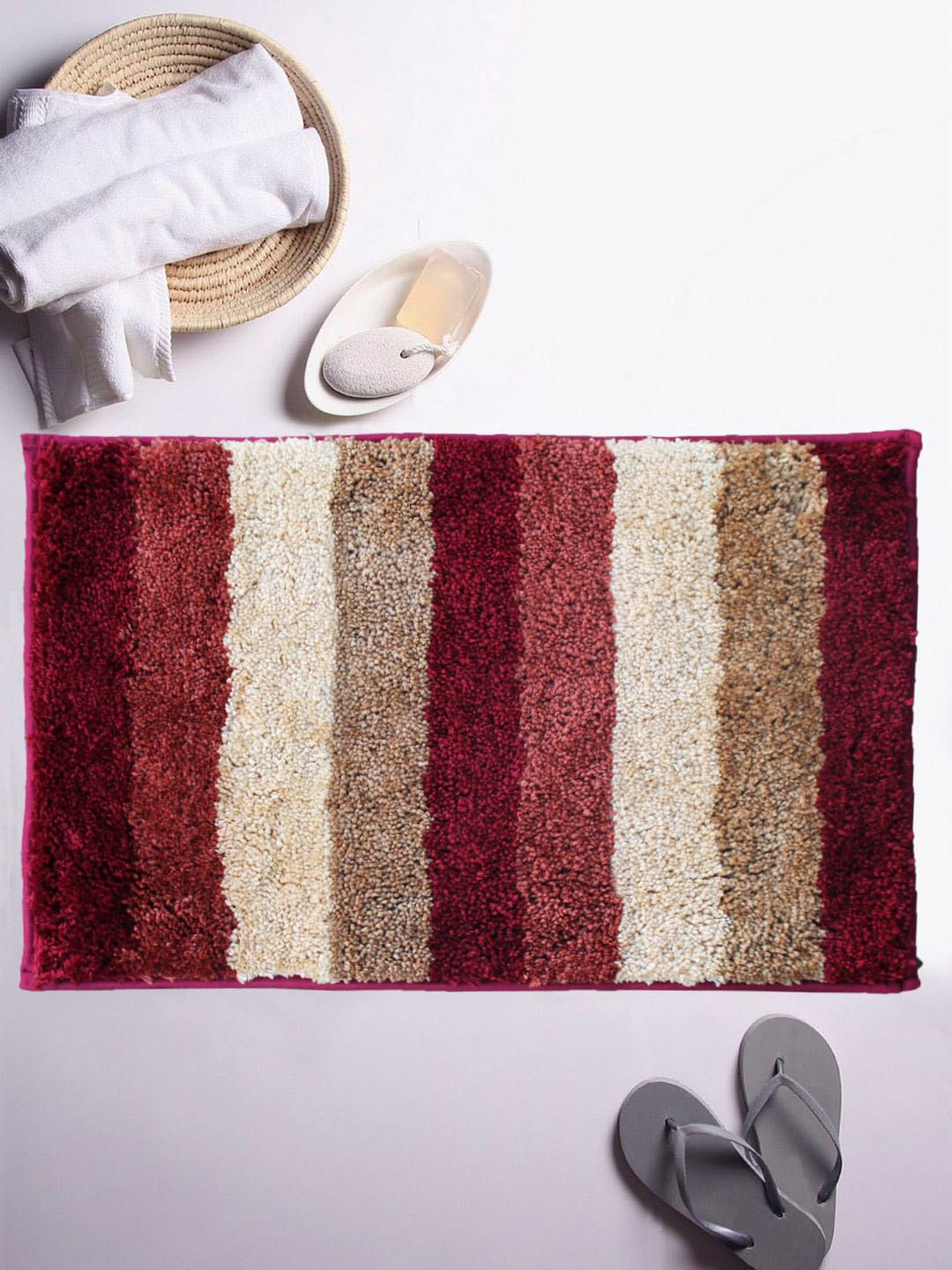 LUXEHOME INTERNATIONAL Red & Brown Striped Microfibre Anti-Skid 1850 GSM Bath Rug Price in India
