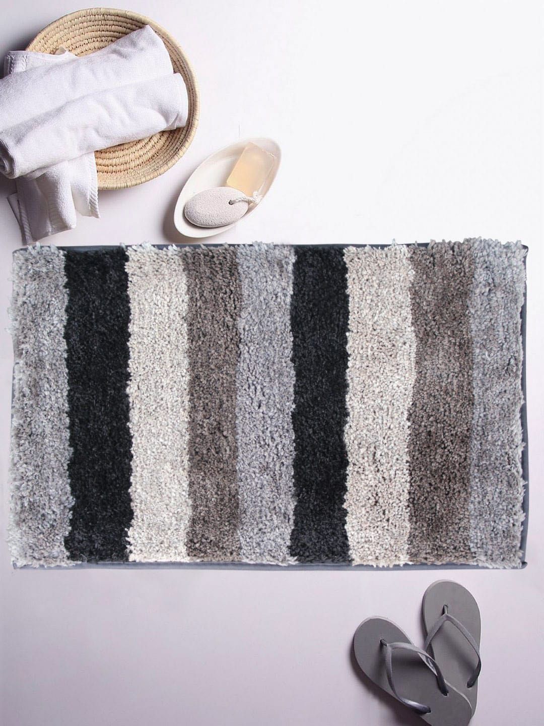 LUXEHOME INTERNATIONAL Grey & Off-White Striped Anti Skid Bath Rug Price in India