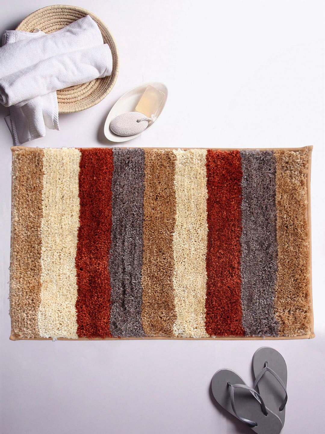 LUXEHOME INTERNATIONAL Maroon & Brown Striped 1850 GSM Anti-Skid Bath Rug Price in India