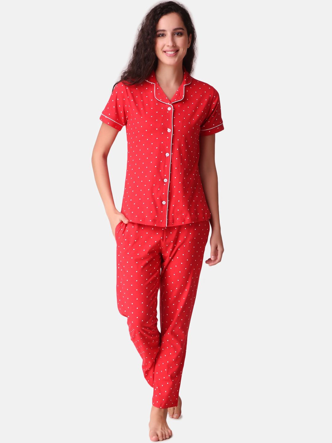 Masha Women Red & White Polka Dot Printed Night suit Price in India