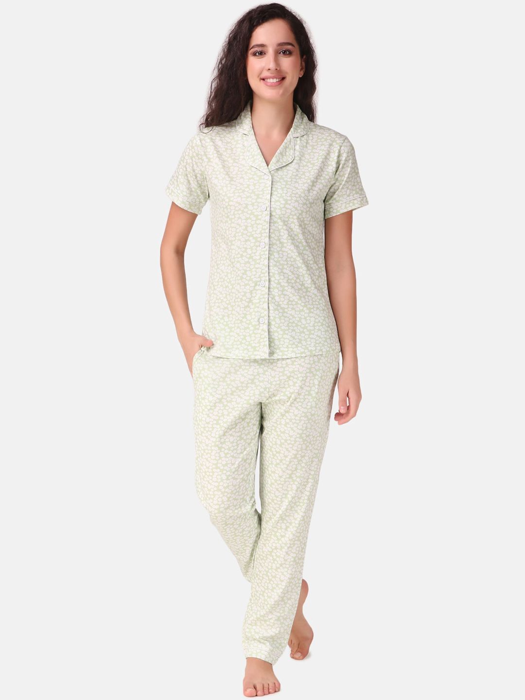 Masha Women Green Floral Pure Cotton Night Suit Price in India