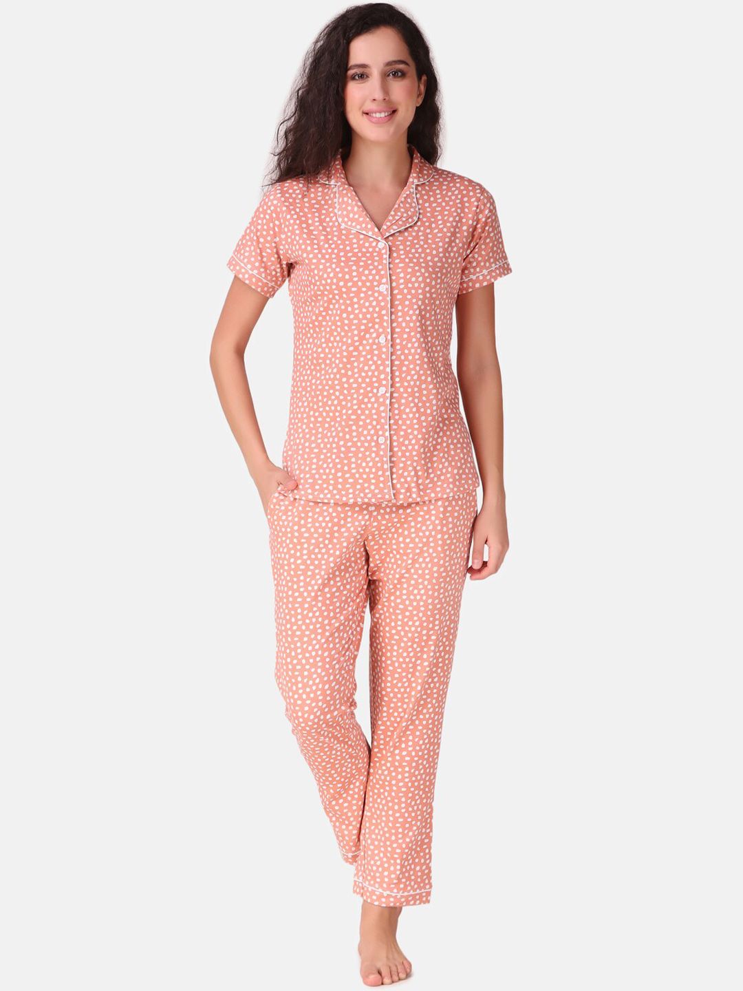 Masha Women Peach-Coloured & White Pure Cotton Printed Night suit Price in India