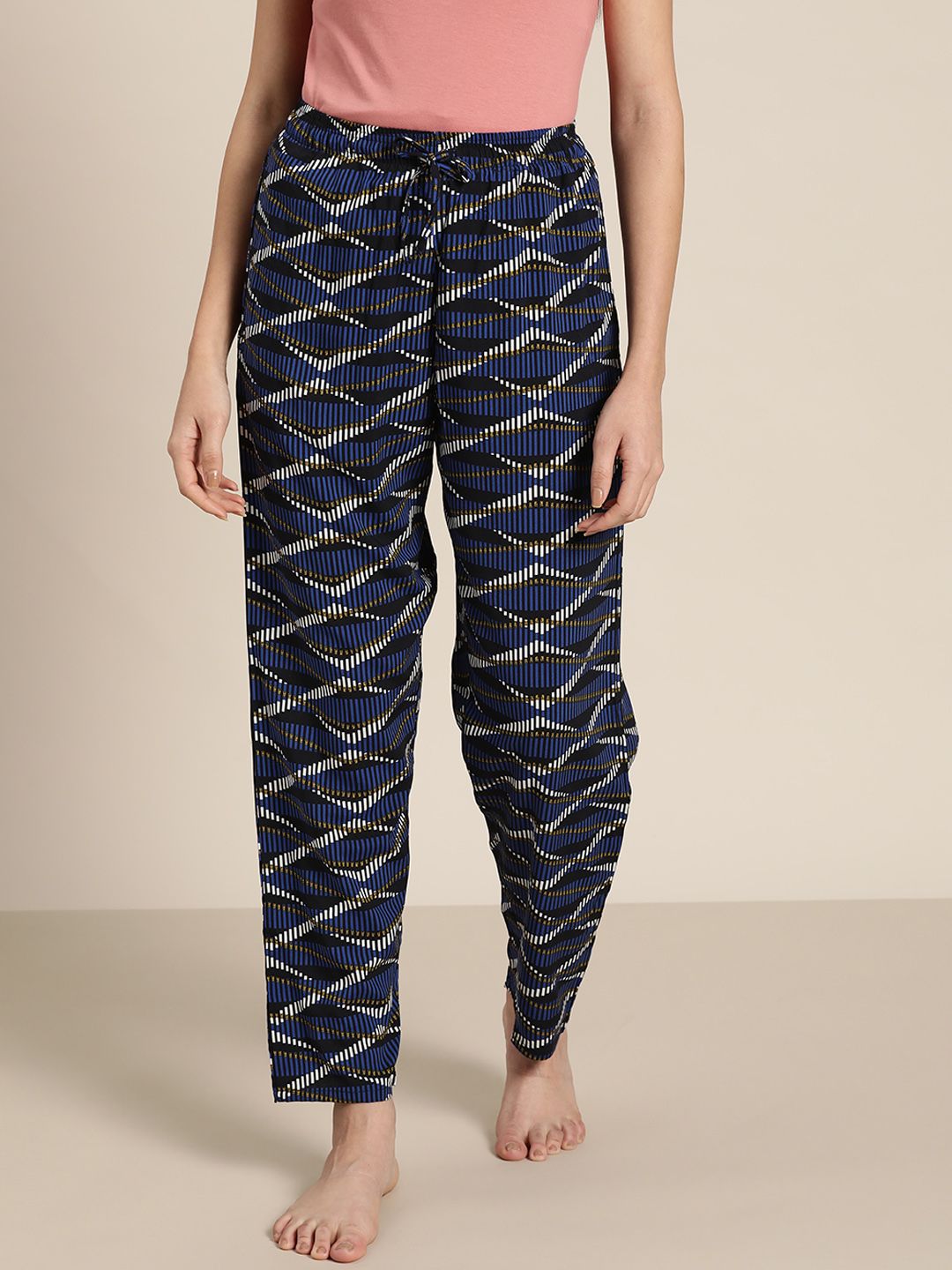 Hancock Women Navy Blue & White Abstract Print Mid-Rise Lounge Pants Price in India