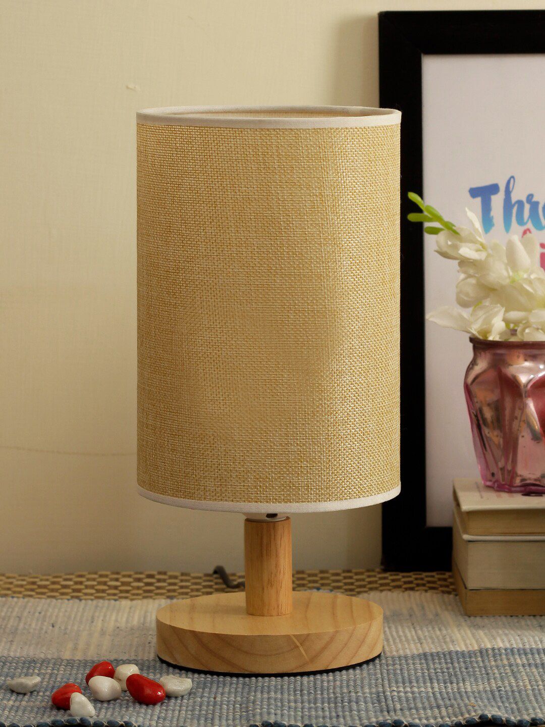 TIED RIBBONS Gold-Toned Wooden Table Lamp with Shade Price in India