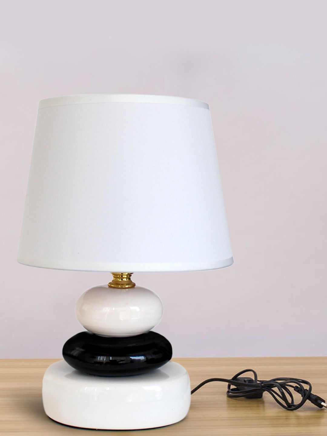 TIED RIBBONS White & Black Decorative Bedside Table Top Table Lamp with Shade Price in India