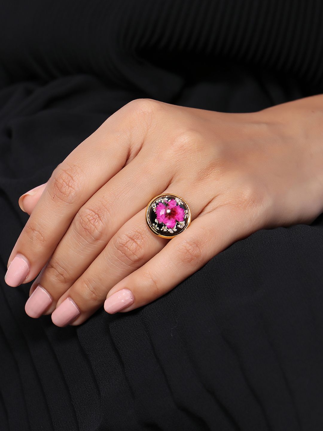 Mikoto by FableStreet Pink Gold-Plated Handcrafted Dry Flower Adjustable Finger Ring Price in India
