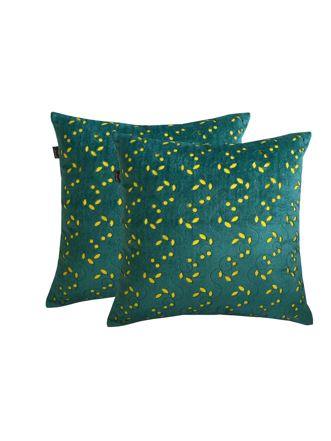 Lushomes Set Of 2 Green Velvet Fabric with Laser Cut Square Cushion Covers Price in India