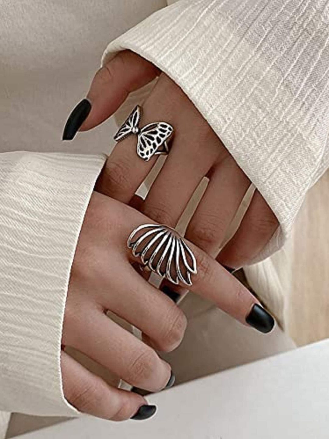 OOMPH Set Of 2 Silver-Toned Butterfly & Angel Wings Handcrafted Finger Rings Price in India
