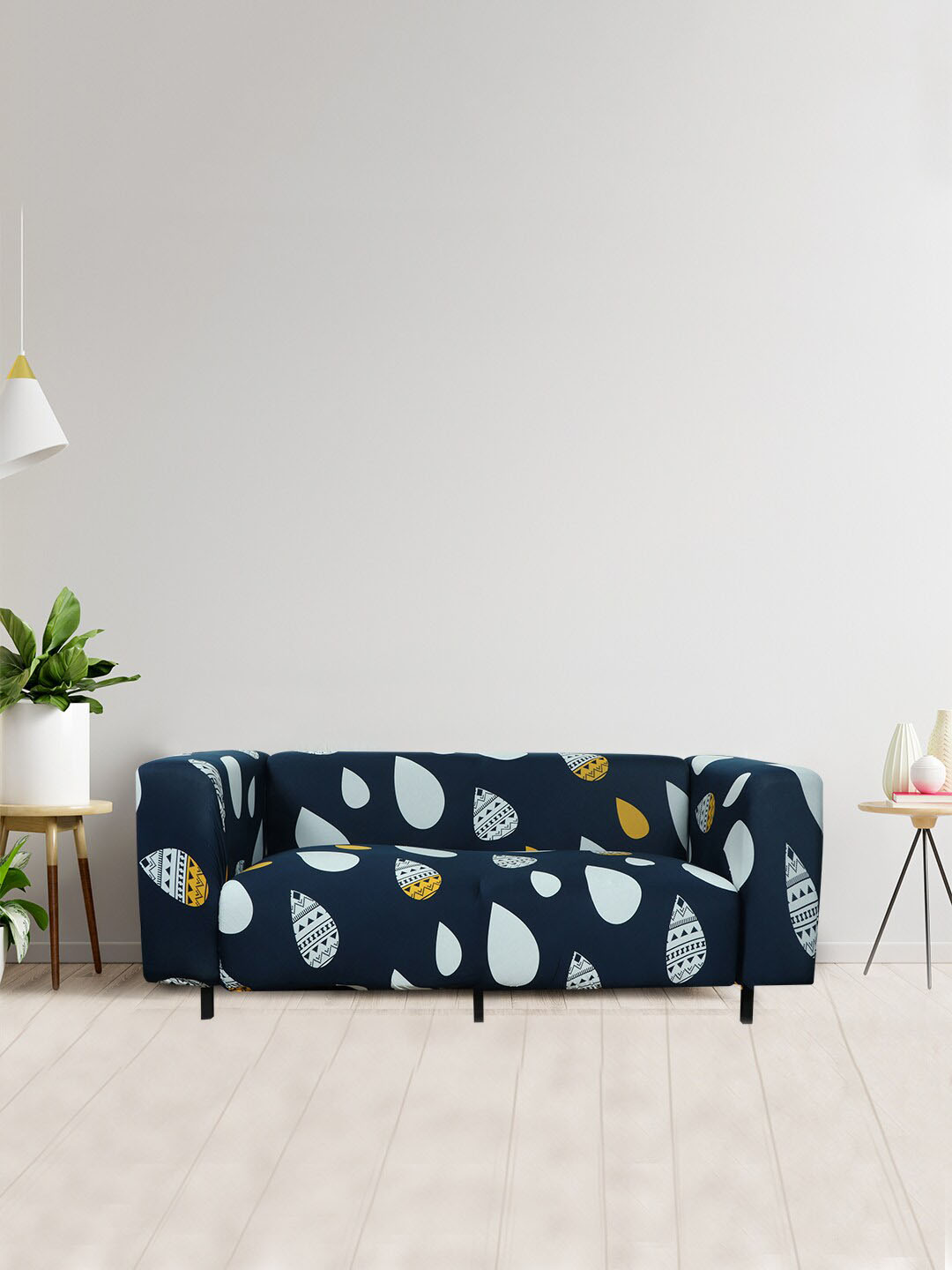 HOUSE OF QUIRK Navy Blue & White Printed 3-Seater Non-Slip Sofa Cover Price in India