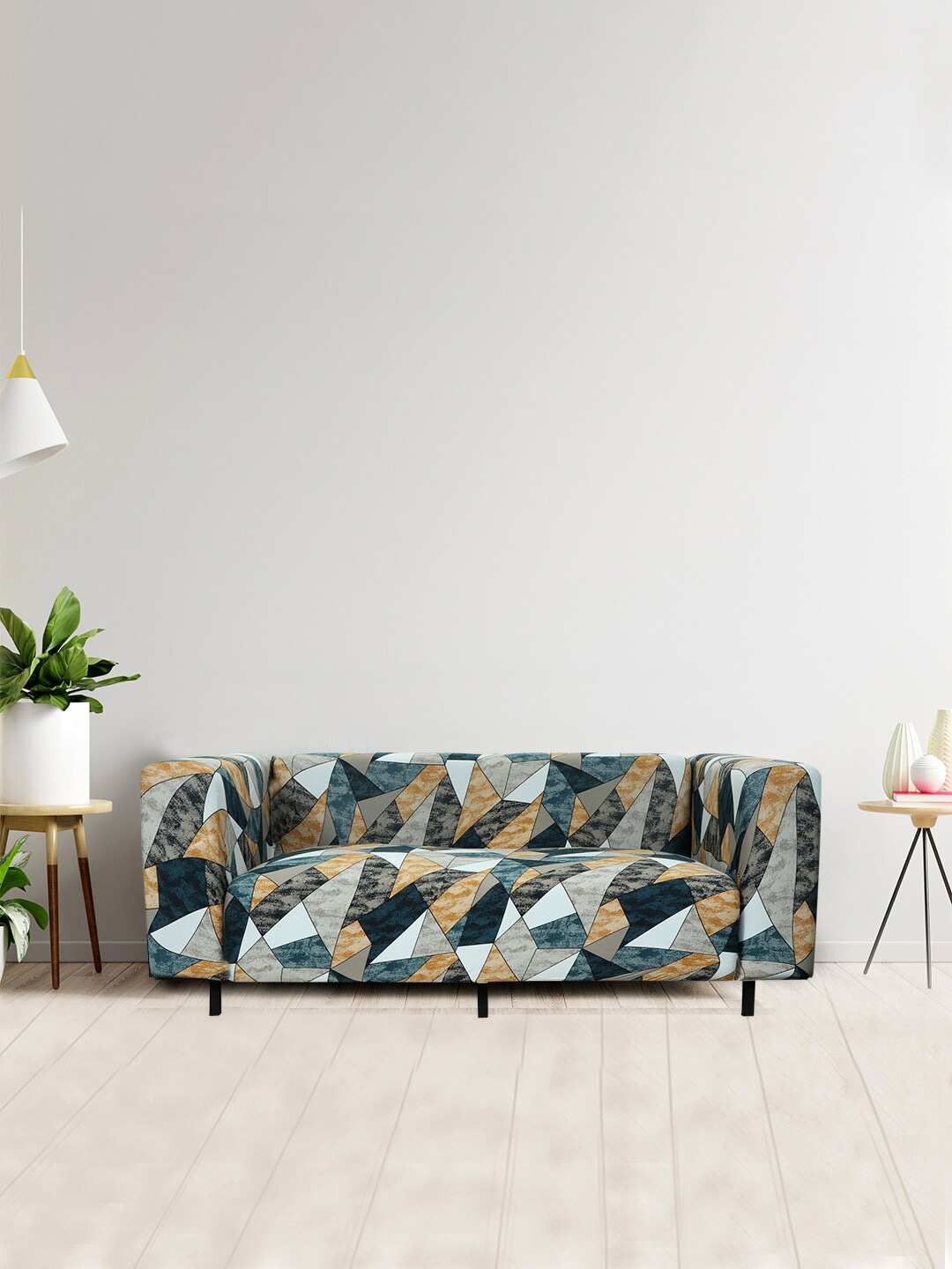 HOUSE OF QUIRK Teal Blue & White Printed 3-Seater Stretchable Non-Slip Sofa Cover Price in India