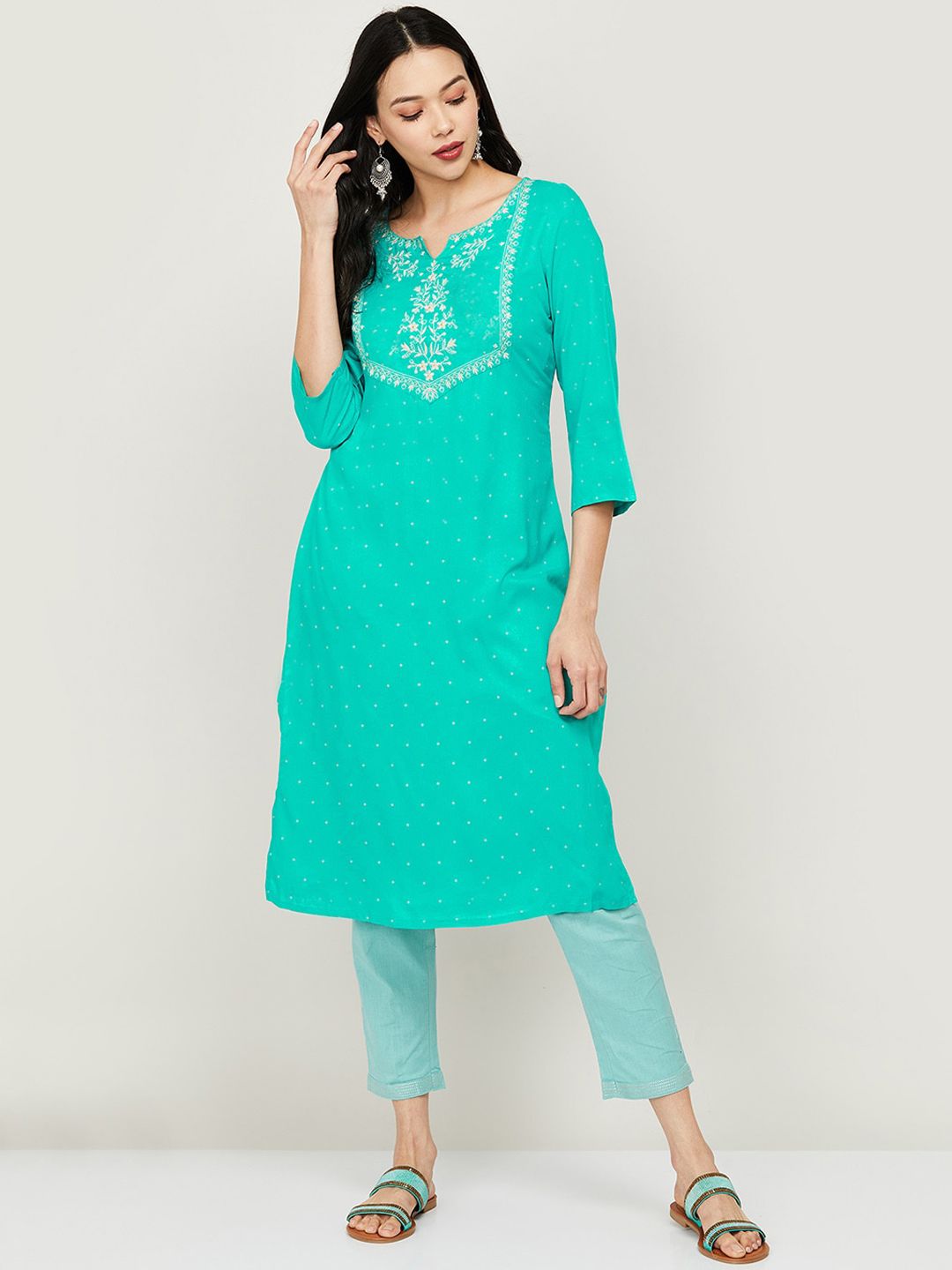 Melange by Lifestyle Women Green Ethnic Motifs Yoke Design Cotton Kurta Price in India