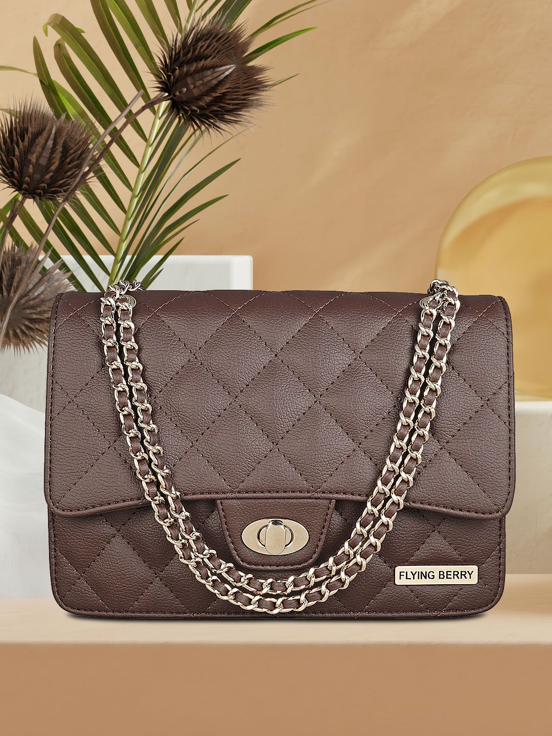 FLYING BERRY Brown Textured PU Structured Sling Bag with Quilted Price in India