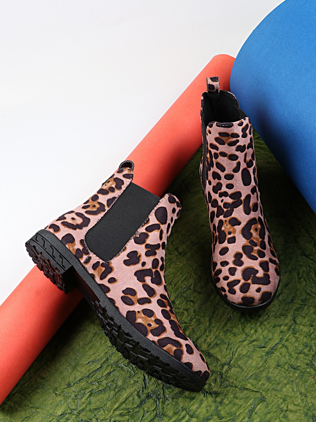 Shoetopia Women Pink & Brown Leopard Print Suede Flat Boots Price in India