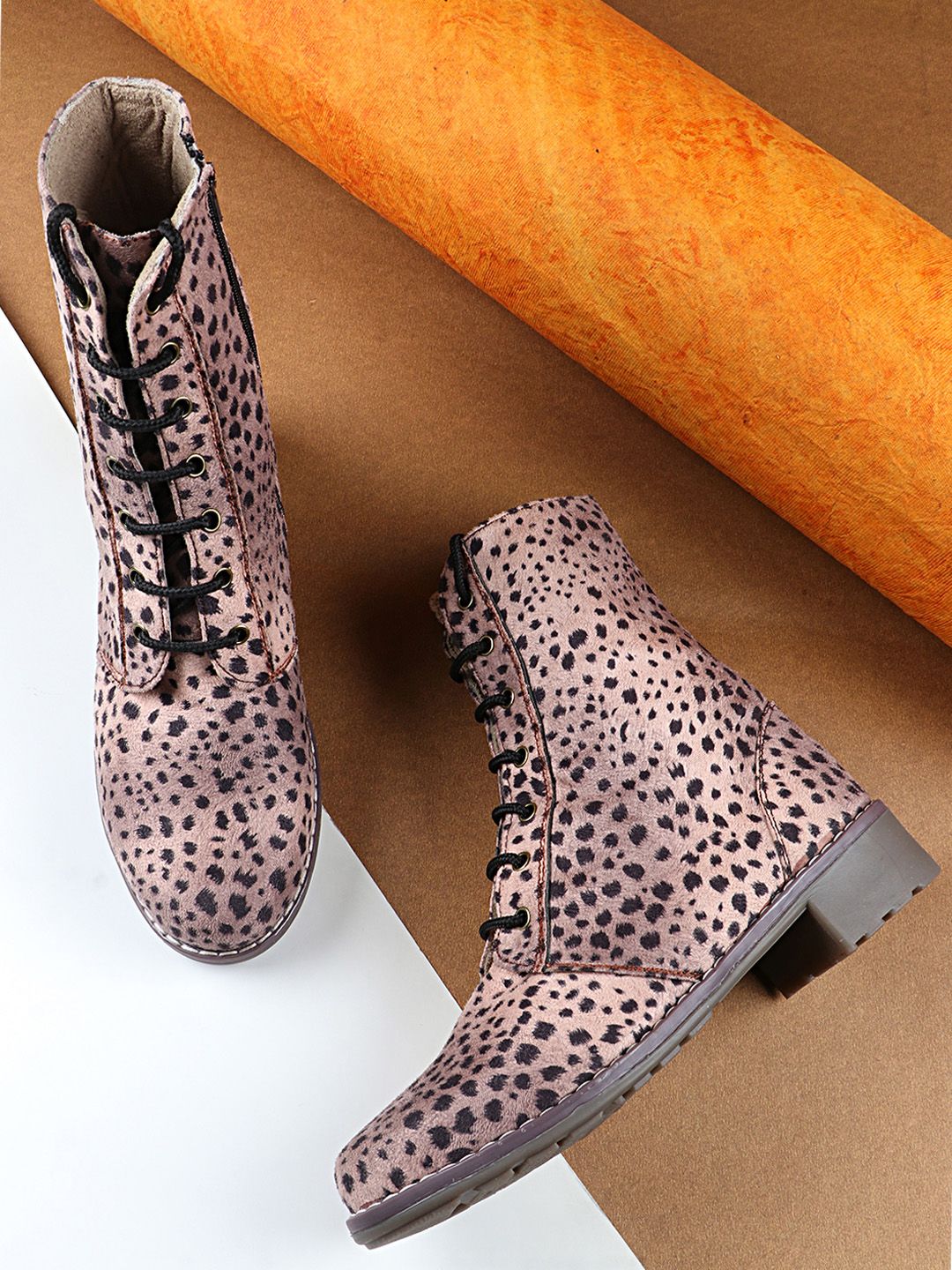 Shoetopia Pink & Black Animal Printed Suede High-Top Block Heeled Boots Price in India