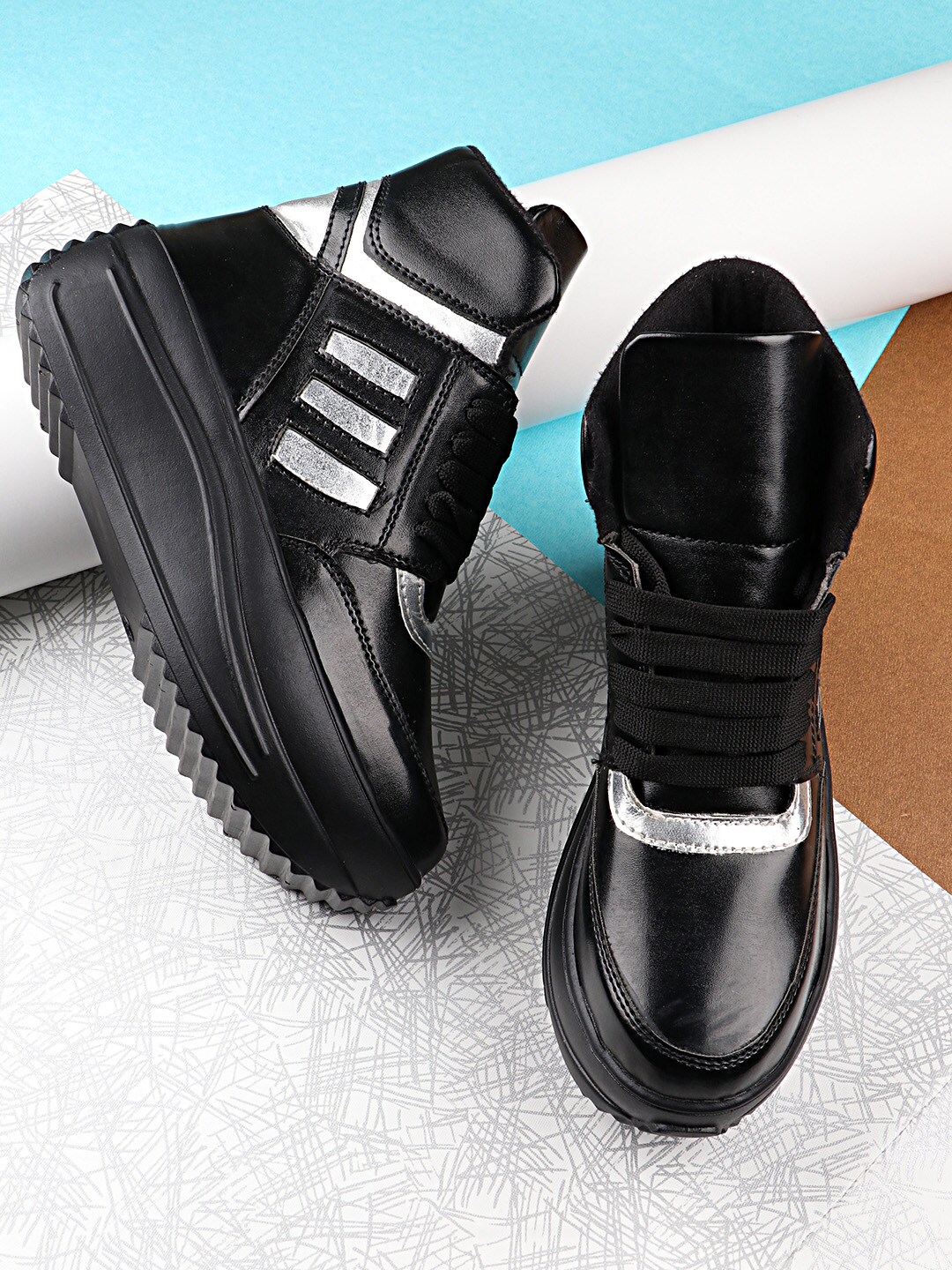 Shoetopia Black Solid Flatform Heeled Boots Price in India