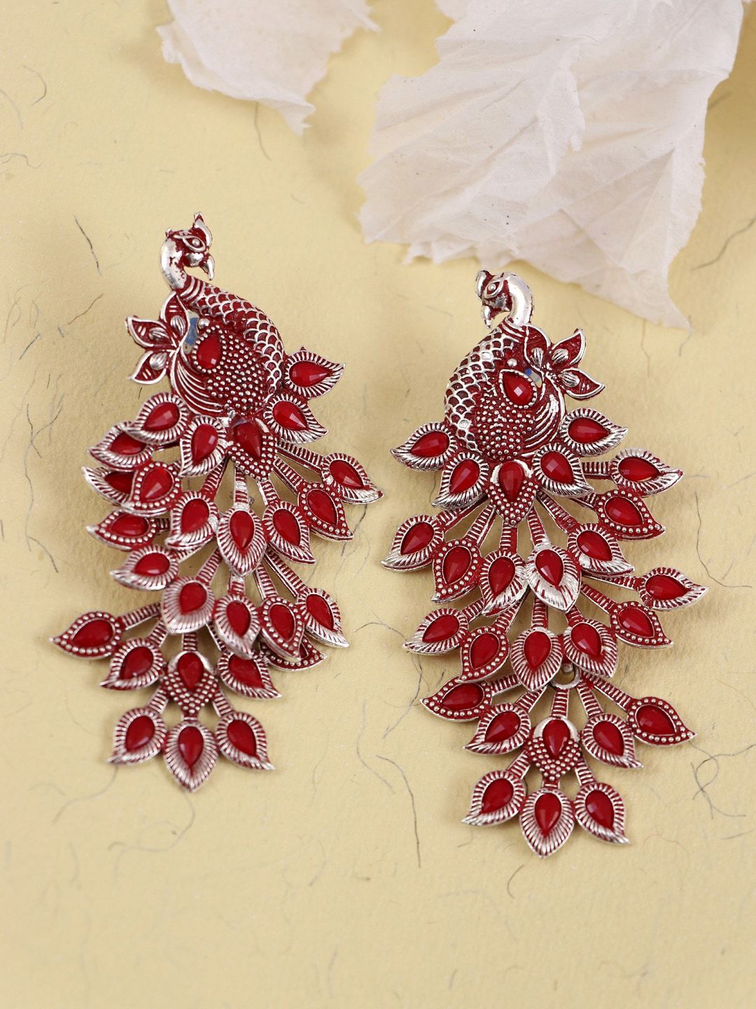 Crunchy Fashion Maroon & Silver-Plated Peacock Shaped Drop Earrings Price in India