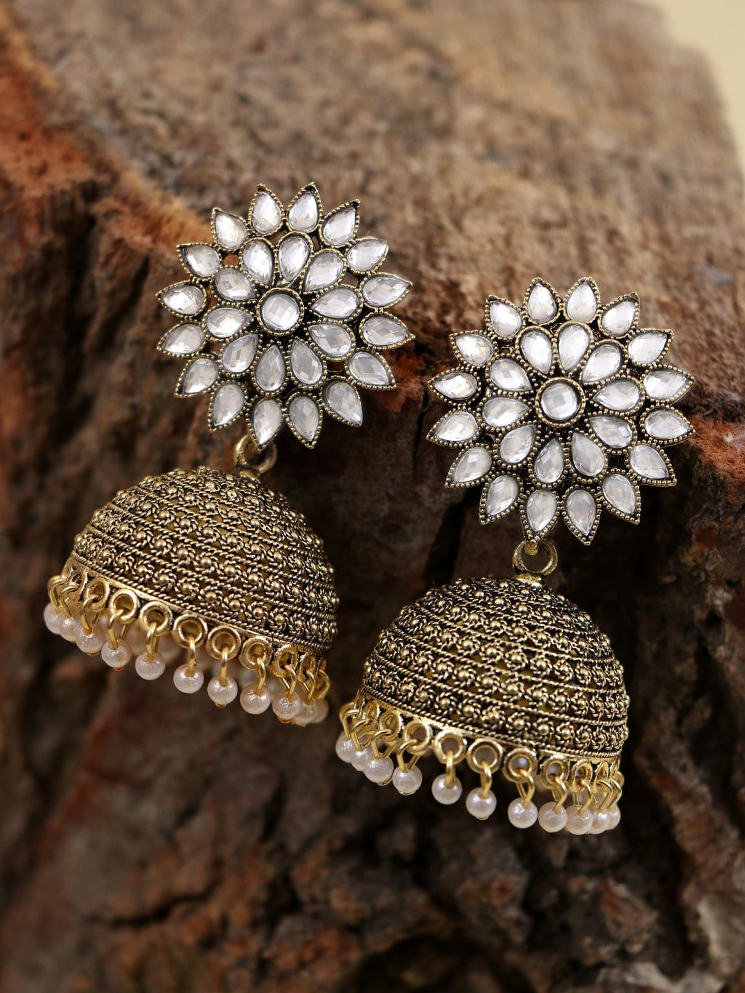 Crunchy Fashion Gold-Plated & White Oxidized Dome Shaped Jhumkas Price in India
