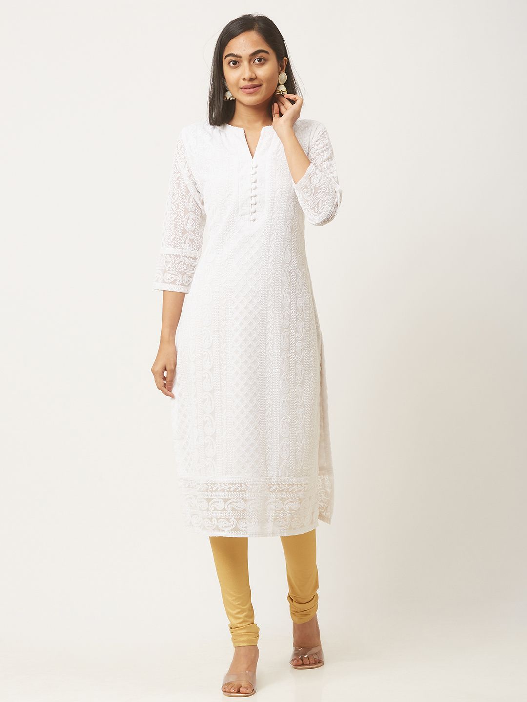 ZOLA Women White Ethnic Motifs Lucknowi Chikankari Kurta Price in India