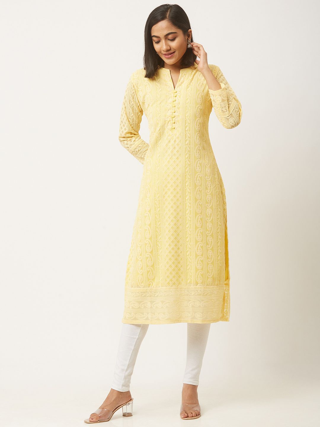 ZOLA Women Yellow Ethnic Motifs Embroidered Lucknowi Chikankari Georgette Kurta Price in India