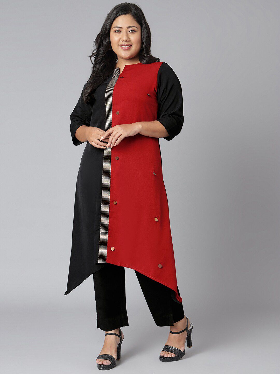 XL LOVE by Janasya Women Plus Size Black & Red Colour Blocked Crepe Kurta Price in India