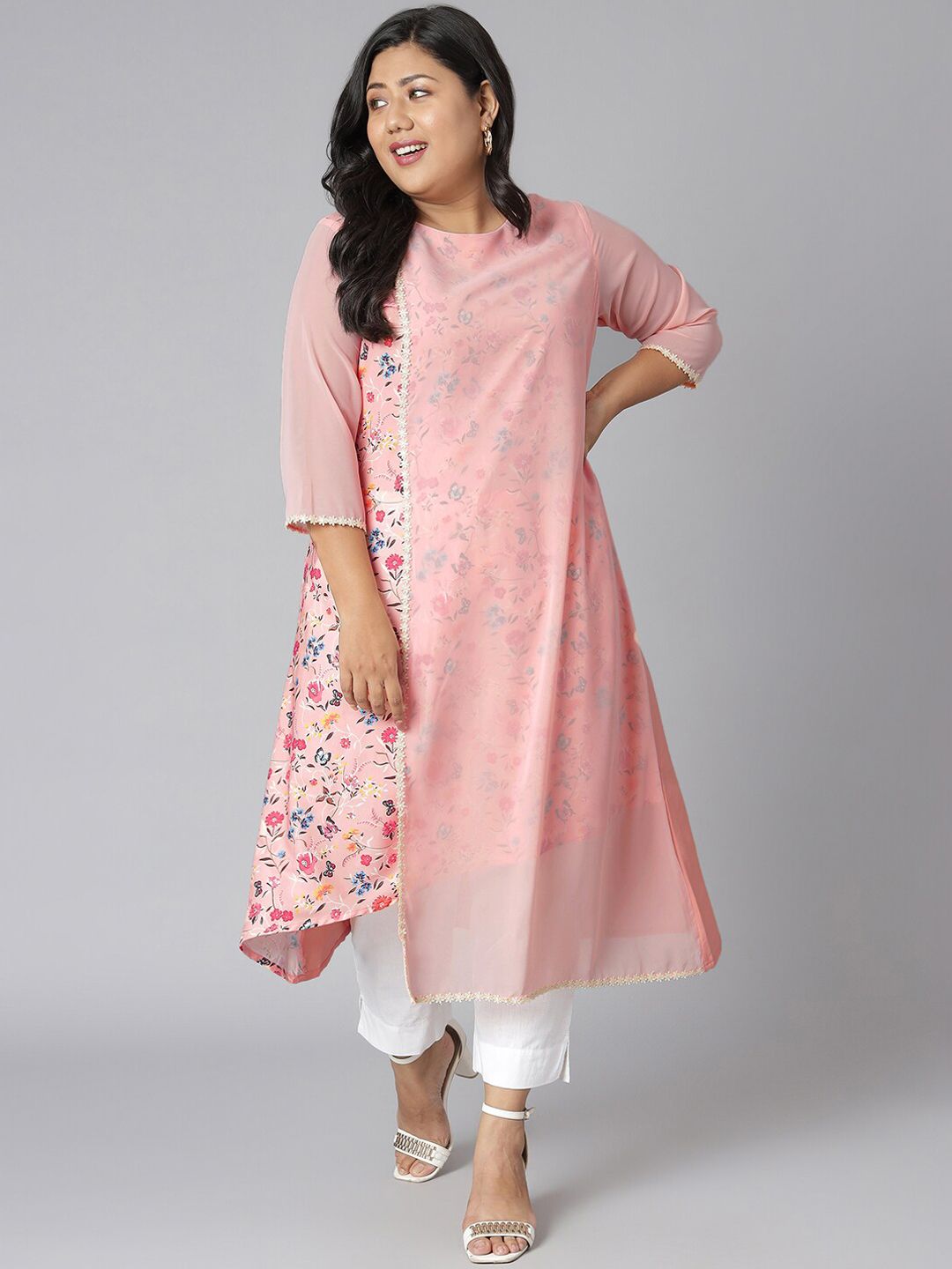 XL LOVE by Janasya Women Pink Plus Size Floral Crepe Anarkali Kurta Price in India