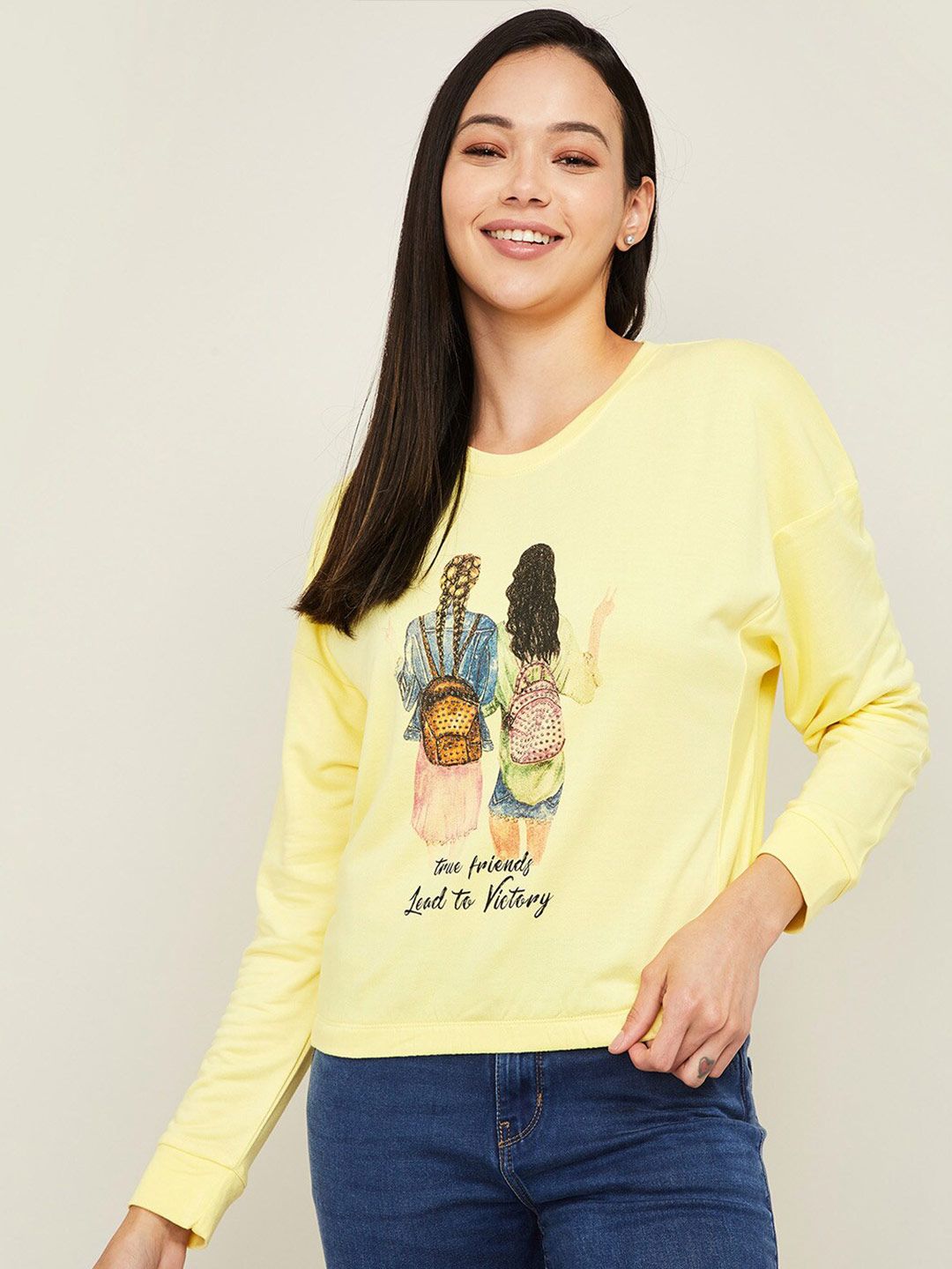 Ginger by Lifestyle Women Yellow Printed Cotton Sweatshirt Price in India