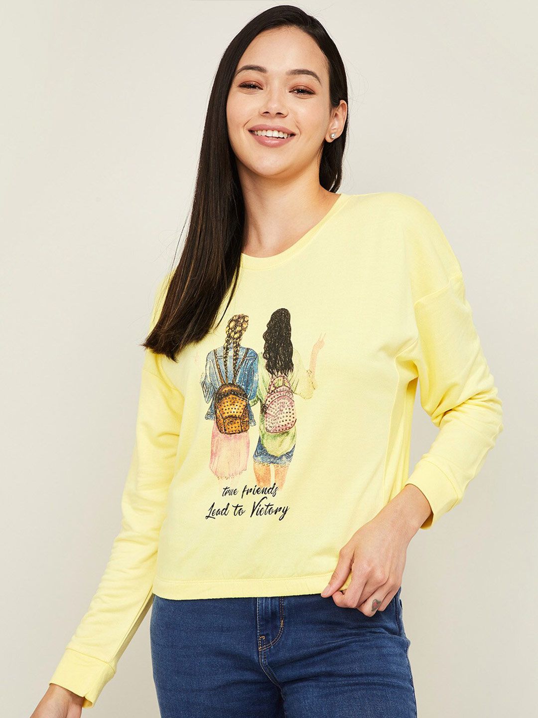 Ginger by Lifestyle Women Yellow Printed Sweatshirt Price in India