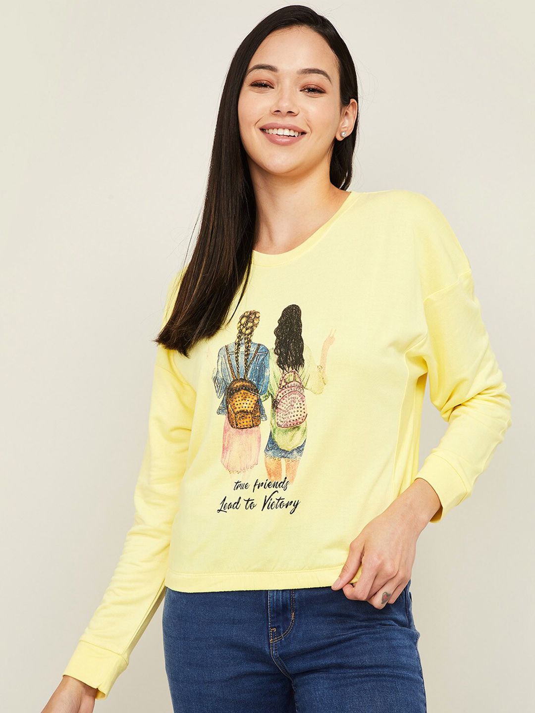 Ginger by Lifestyle Women Yellow Printed Cotton Sweatshirt Price in India