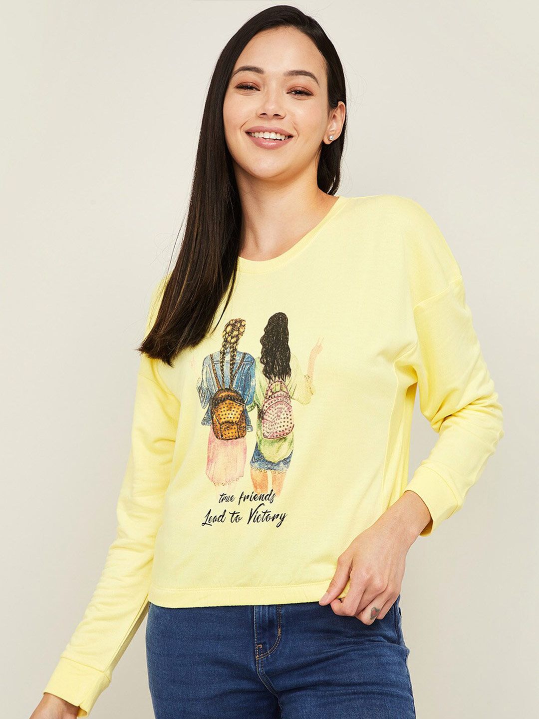 Ginger by Lifestyle Women Yellow Printed Sweatshirt Price in India