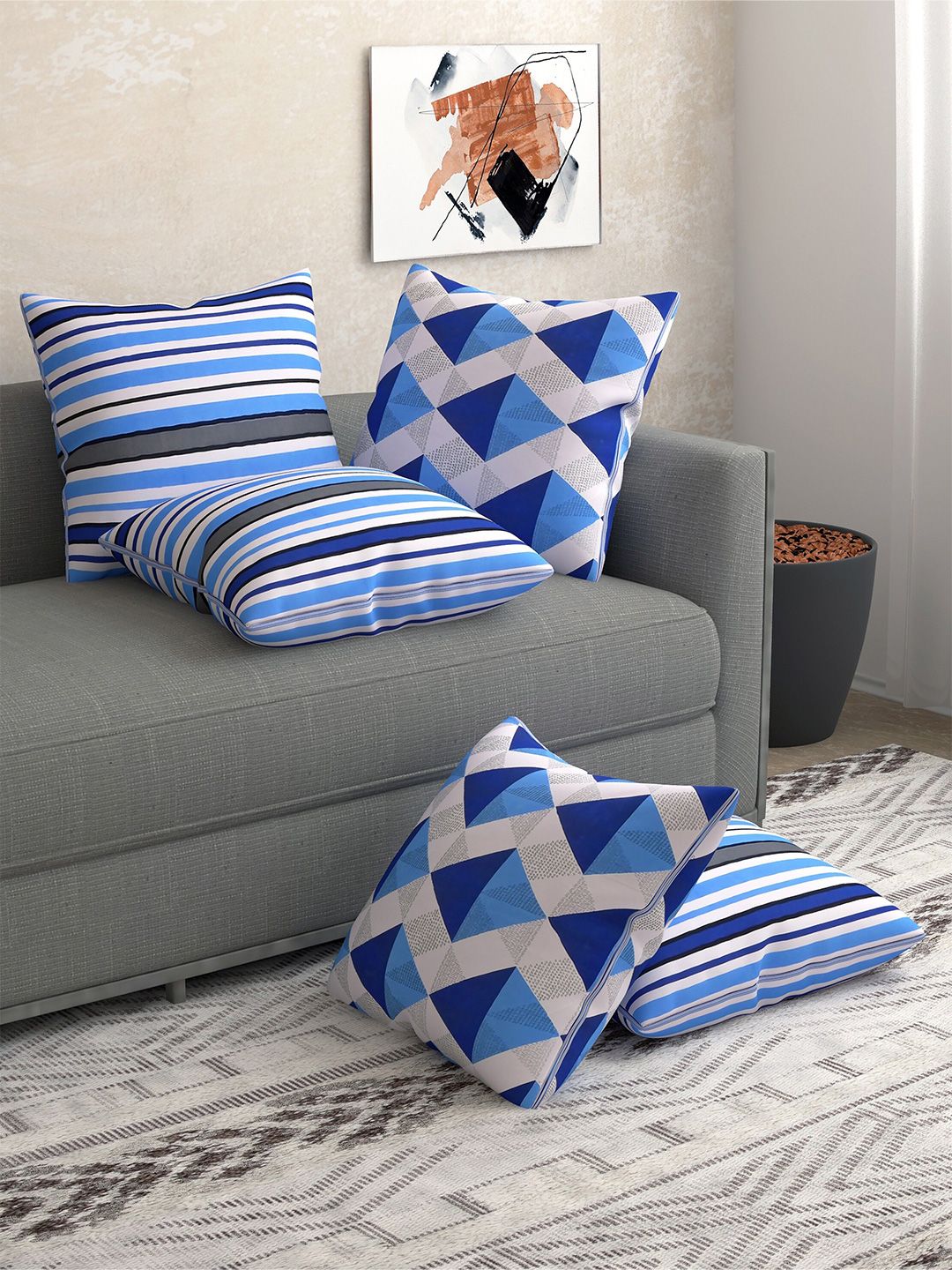 Salona Bichona Blue & White Set of 5 Geometric Pure Cotton Square Cushion Covers Price in India