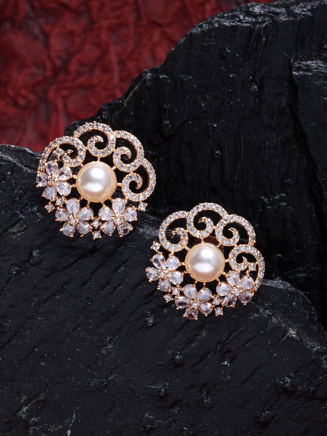 ZENEME Rose Gold-Plated & White Floral Studs Earrings Price in India