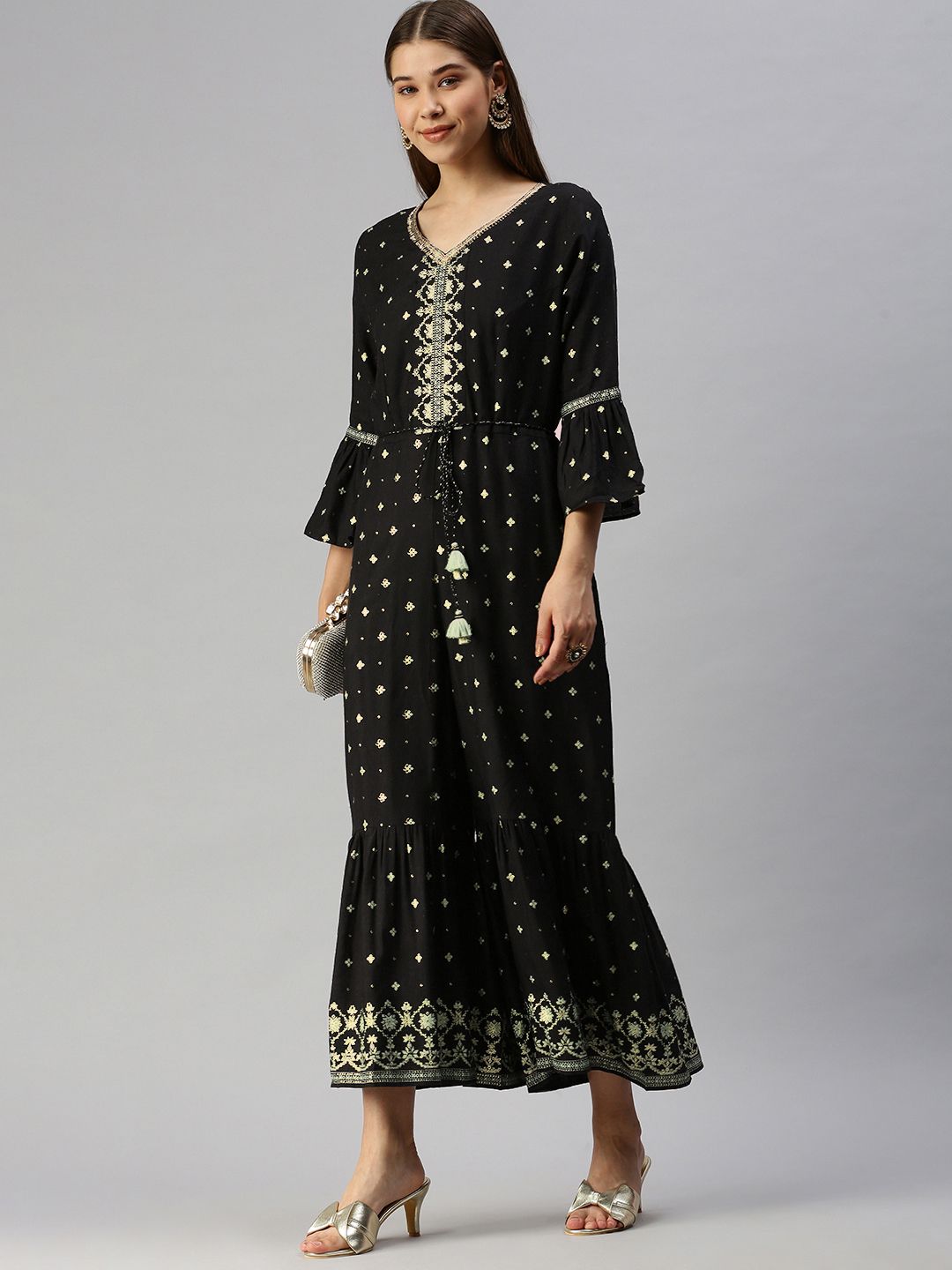 Global Desi Black Printed V-Neck Bell-Sleeve Tiered Basic Jumpsuit Price in India
